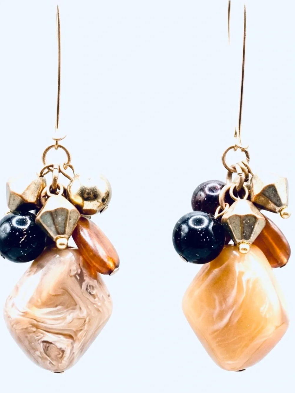 Boho Marbled Resin Cluster Dangle Earrings Gold Tone 3.5